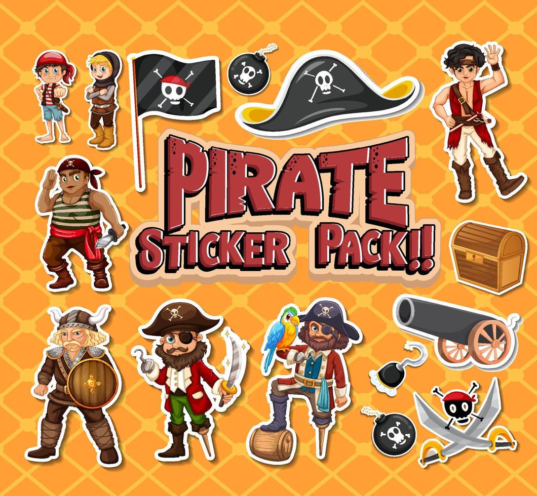 Aufkleberpaket mit Piratenzeichentrickfiguren und -objekten vektor