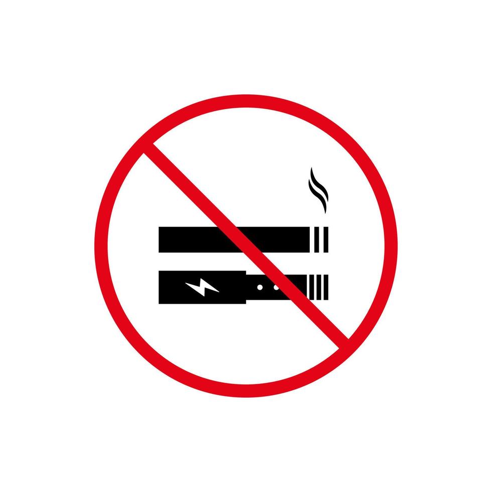 rauch vape und zigarette schwarze silhouette symbol verbieten. kein rauchen, nikotin und elektronische zigarette verbotenes piktogramm. verbotenes rauchen dampfbereich rotes stoppsymbol. isolierte Vektorillustration. vektor