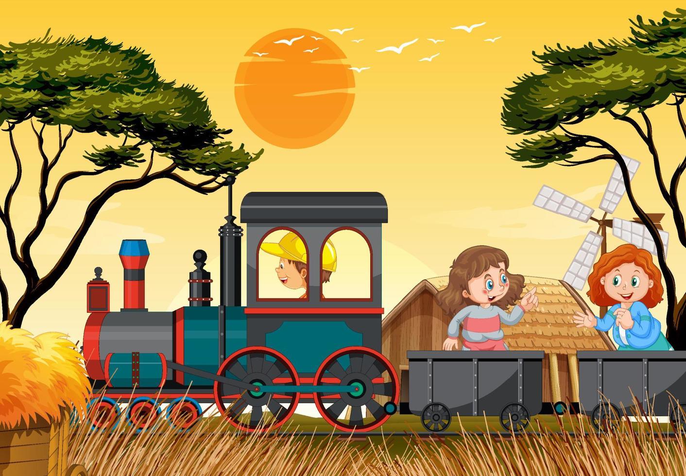 ein Kind in einem Zug mit natürlicher Szene vektor