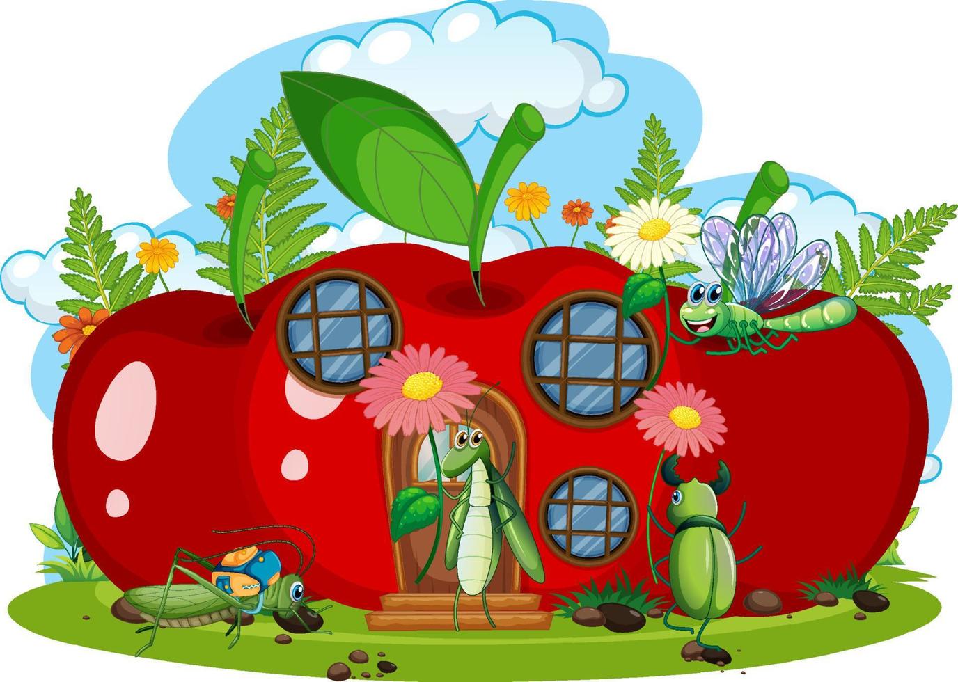 Fantasy-Apfelhaus mit Cartoon-Insekten vektor