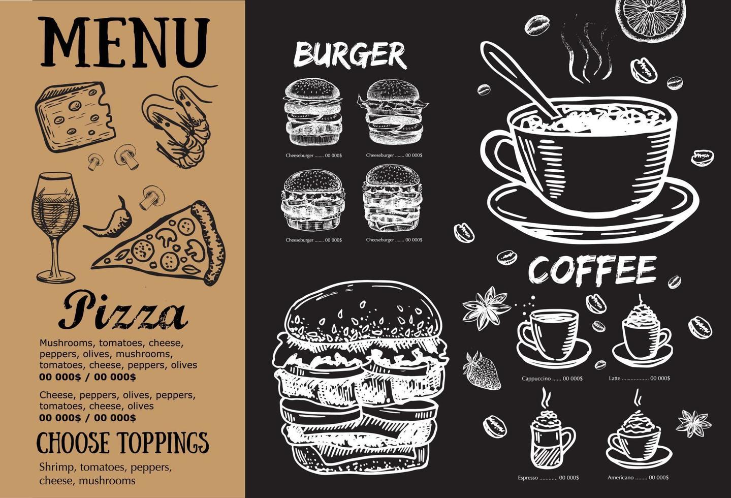 Restaurant-Menü, Template-Design.. Food-Flyer. handgezeichneter Stil. Vektor-Illustration. vektor