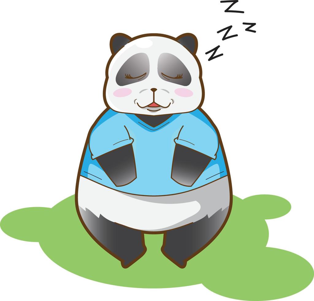 bedårande sömnig panda i blå t-shirt tecknad vektormaskotillustration för barnbok och barnsaker vektor