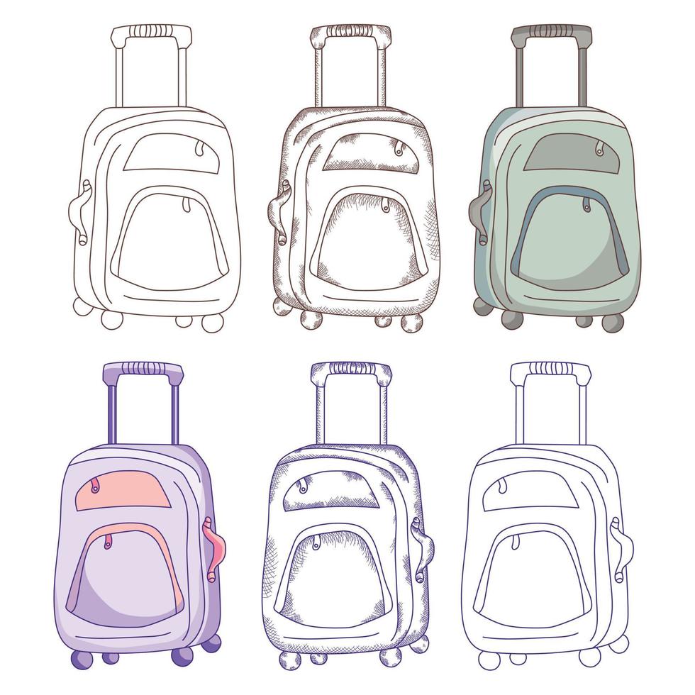 resegrejer. resväskan är på hjul. olika designalternativ - kontur, skuggning, vintage, kontur och färg. grönt och lila. vektor illustration
