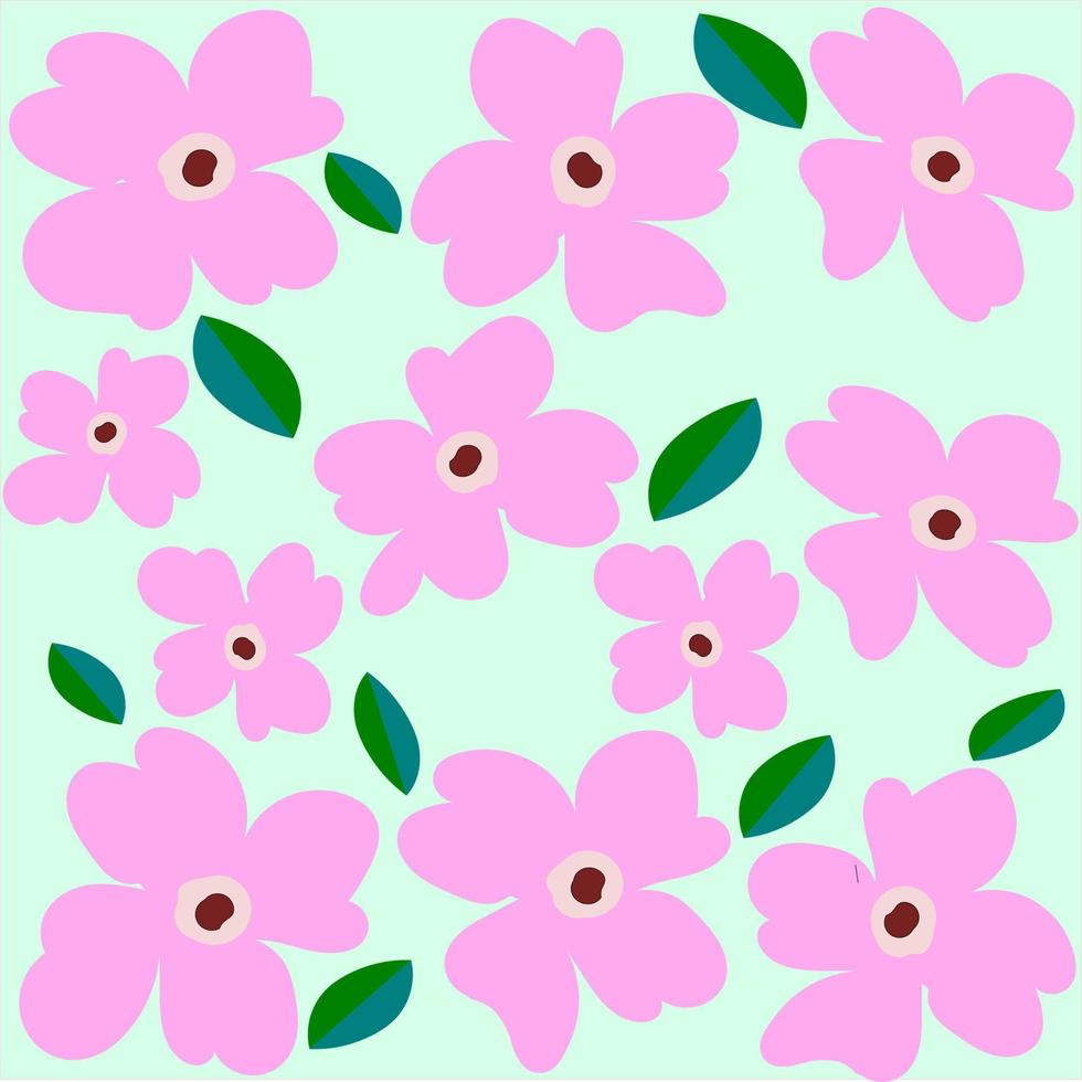 Vektordesign, nahtloses Muster aus rosa Blüten und grünen Blättern auf hellgrünem Hintergrund. handgezeichneter Stoff, Geschenkverpackung, Stoff, Bettdecke, Druck, Tapetenverwendung. Babymädchen, feminin, Frauenkonzept. vektor