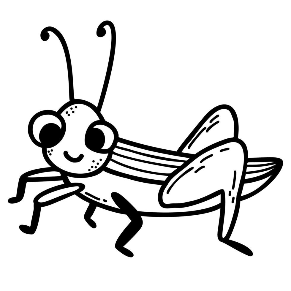 söt gräshoppa karaktär. linjär handritad doodle. vektor illustration. insekt för design, dekor, dekoration och tryck.