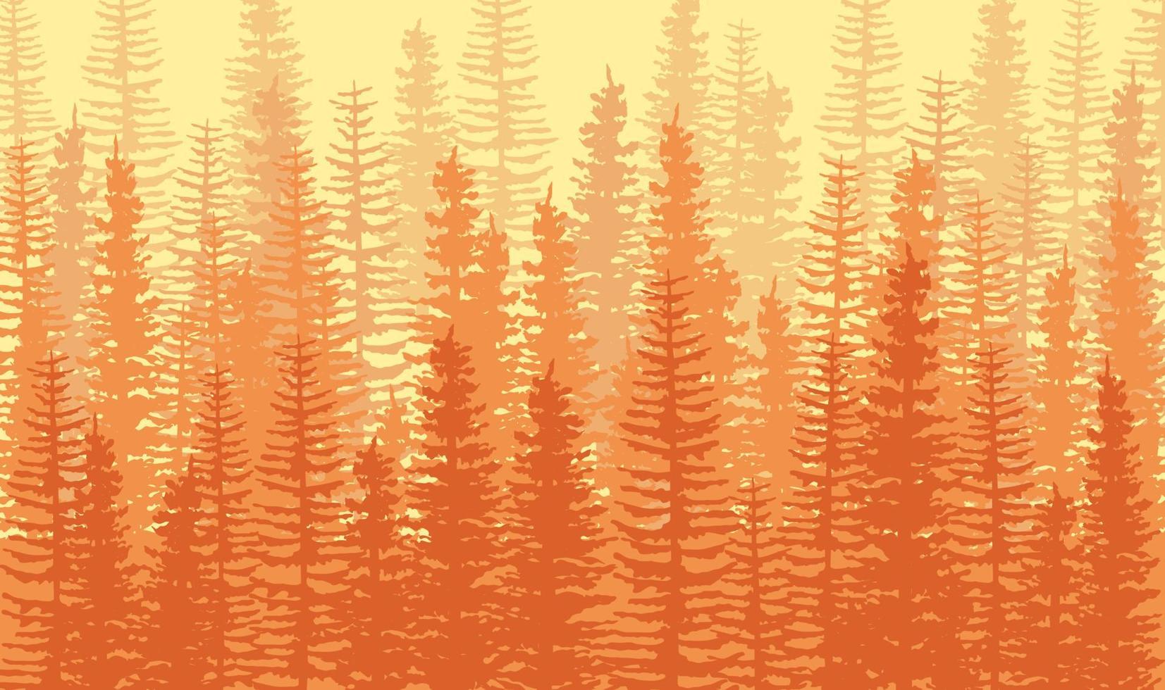 orange dimma tallskog, horisontell sömlös platt design i nyanser av orange och gult. träd silhuetter gradient bakgrund. vektor