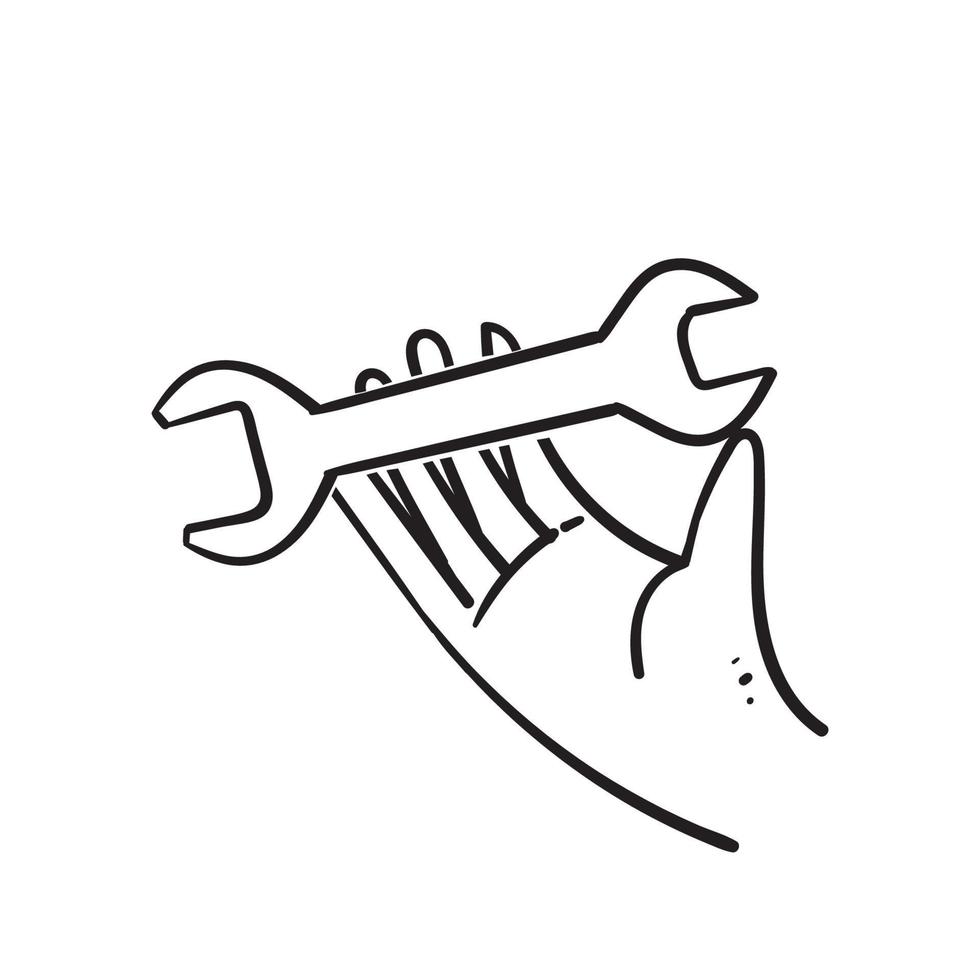 handritad doodle hand som håller skiftnyckel illustration vektor
