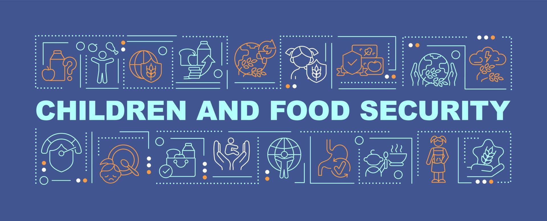 barn och livsmedelssäkerhet ord begrepp mörkblå banner. tillgänglig näring. infographics med ikoner på färgbakgrund. isolerad typografi. vektor illustration med text.