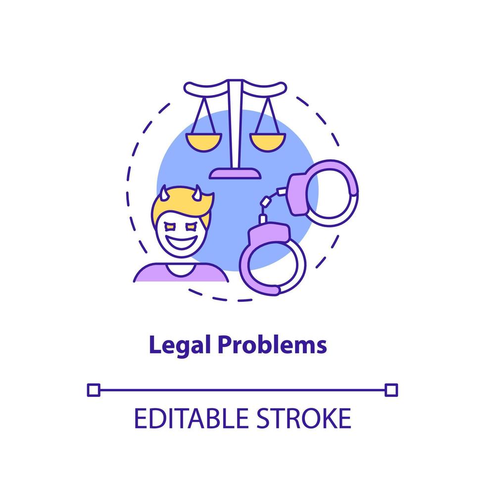 Symbol für das Konzept der rechtlichen Probleme. Gesetzesbruch. auswirkungen der verhaltensstörung abstrakte idee dünne linie illustration. isolierte Umrisszeichnung. editierbarer Strich. vektor