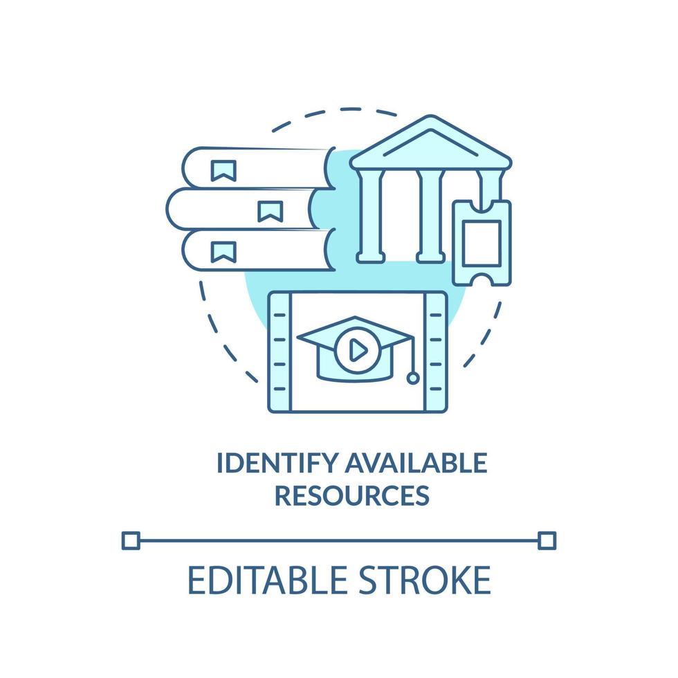 Identifizieren Sie verfügbare Ressourcen türkisfarbenes Konzeptsymbol. Annahme der abstrakten Idee des lebenslangen Lernens, dünne Linie Illustration. isolierte Umrisszeichnung. editierbarer Strich. vektor