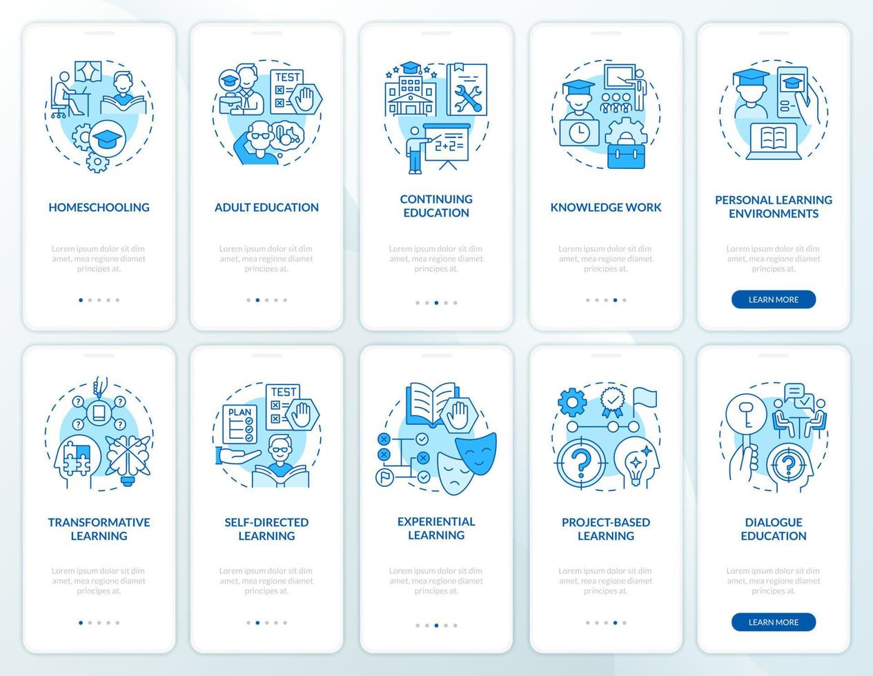 livslångt lärande blå onboarding mobilapp skärmuppsättning. genomgång 5 steg grafiska instruktioner sidor med linjära koncept. ui, ux, gui mall. vektor