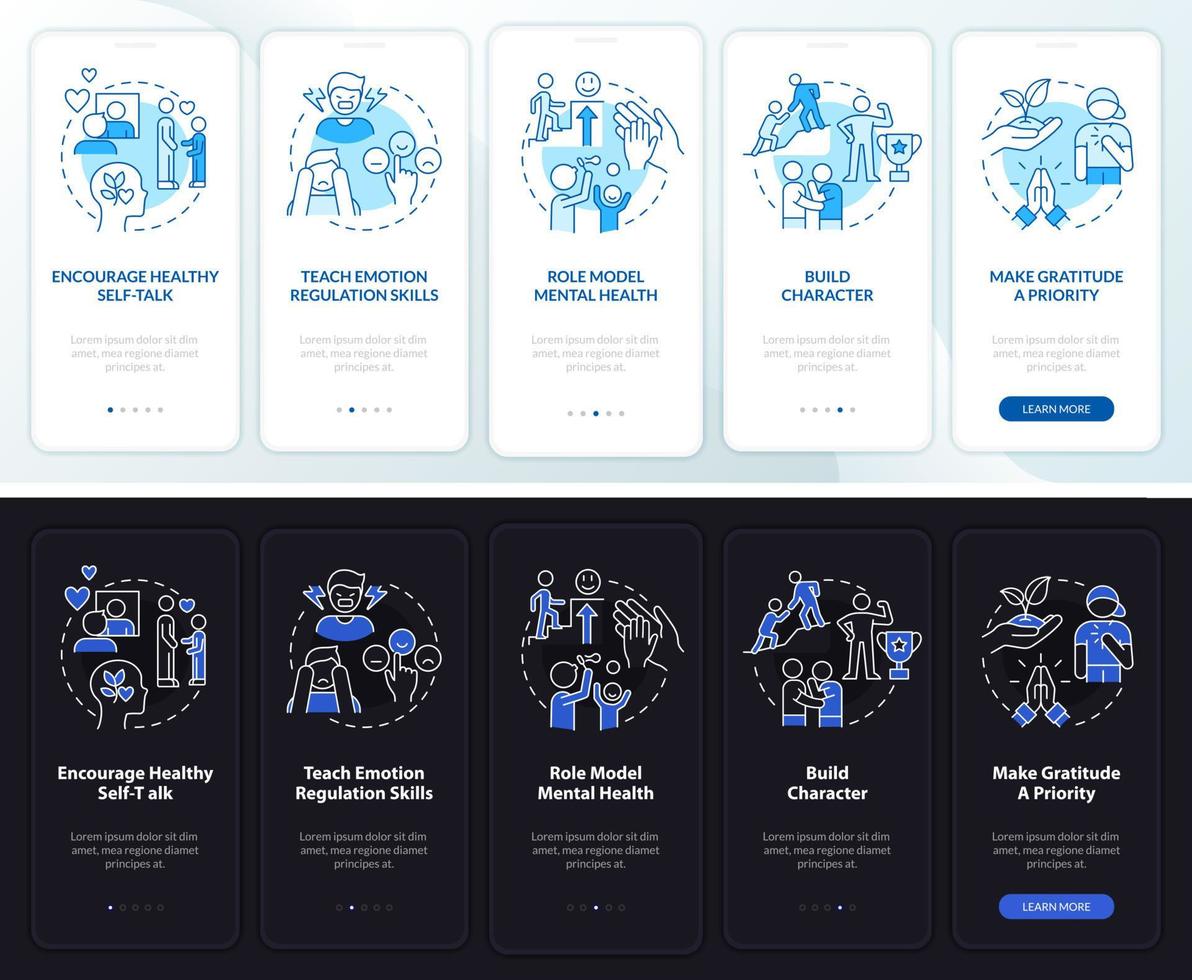 Kinder mentale Stärke Tag- und Nachtmodus beim Onboarding des Bildschirms der mobilen App. Komplettlösung 5 Schritte grafische Anleitungsseiten mit linearen Konzepten. ui, ux, gui-Vorlage. vektor