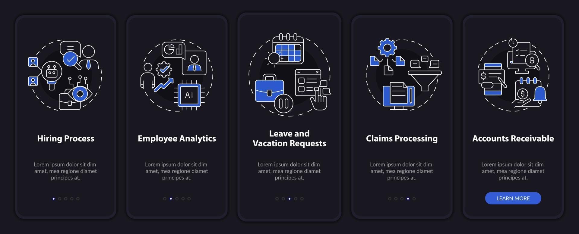 Automatisierung in Geschäftsbeispielen Nachtmodus beim Onboarding auf dem Bildschirm der mobilen App. Komplettlösung 5 Schritte grafische Anleitungsseiten mit linearen Konzepten. ui, ux, gui-Vorlage. vektor