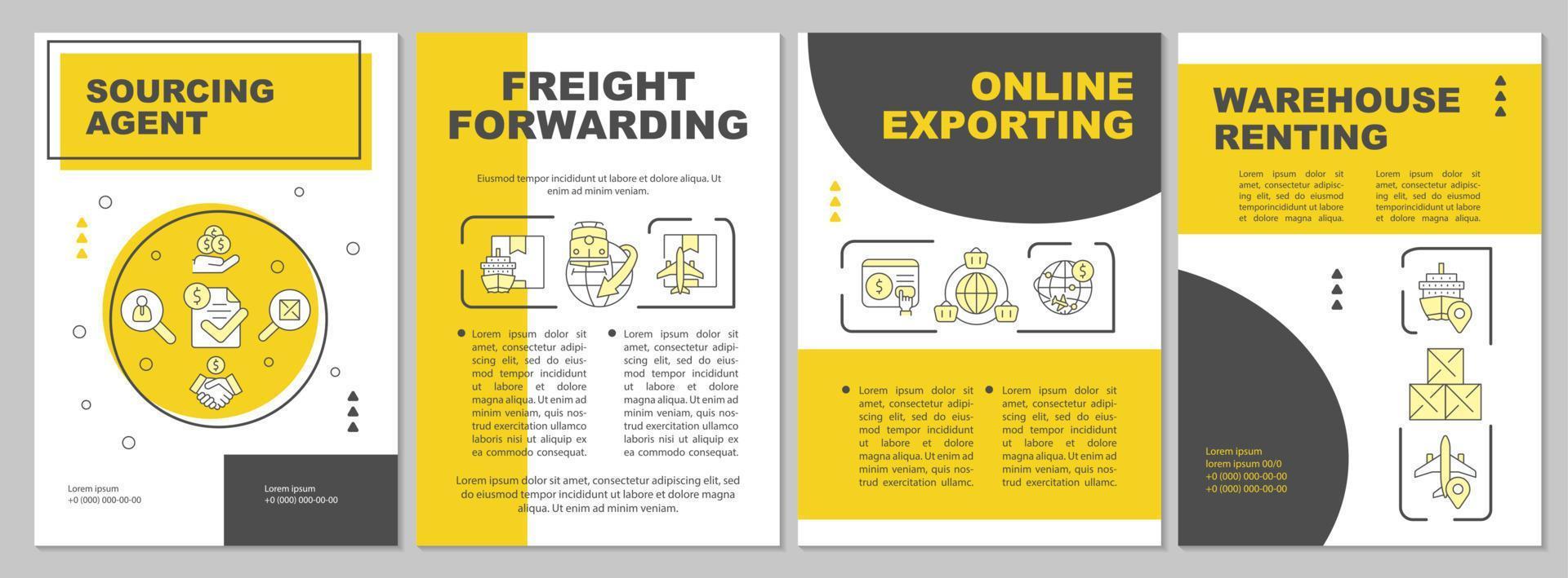 Ideen exportieren und importieren gelbe Broschürenvorlage. ins Ausland transportieren. Broschürendesign mit linearen Symbolen. 4 Vektorlayouts für Präsentationen, Jahresberichte. vektor