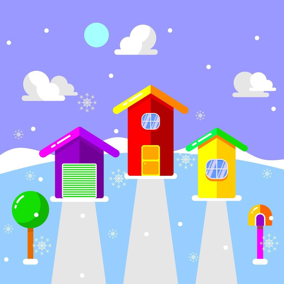 illustration av färgglada hus på vintern. hem ikon. lila, röd, gul. platt stil vektor