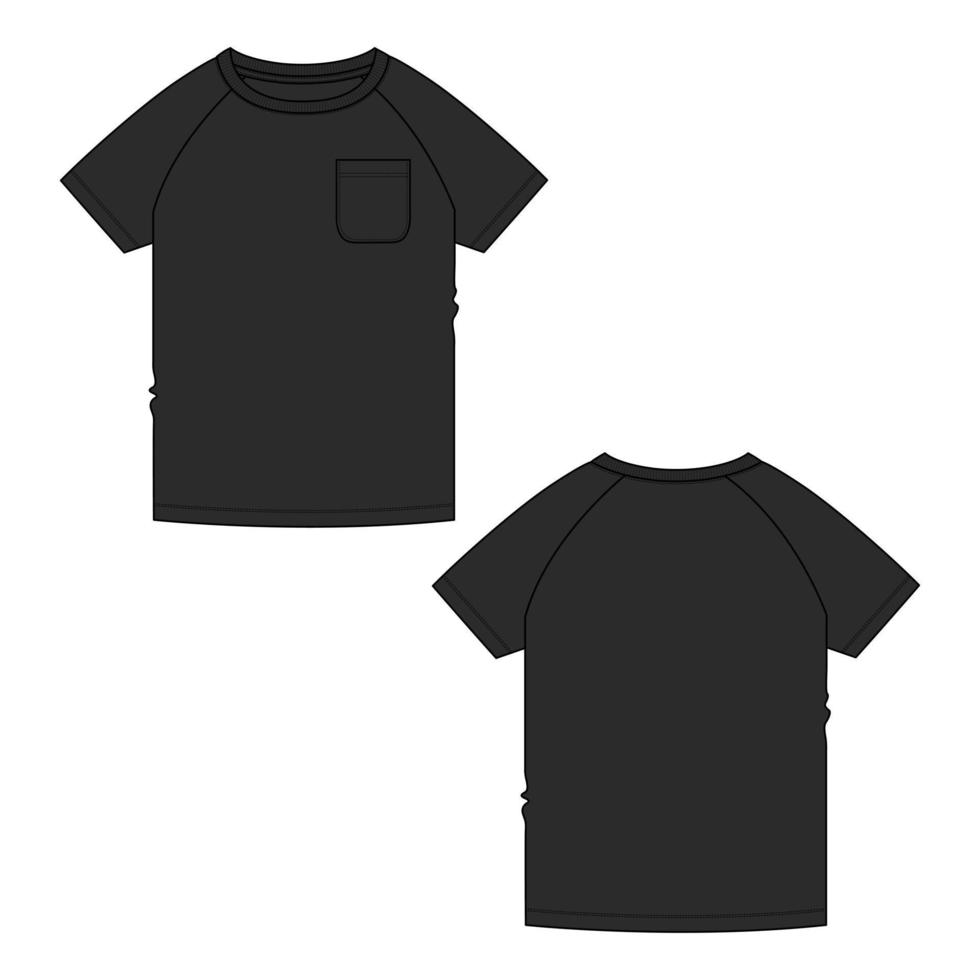 kurzärmliges Raglan-T-Shirt technische Mode flache Skizzenvektorillustration schwarze Farbvorlage für Babyjungen. vektor