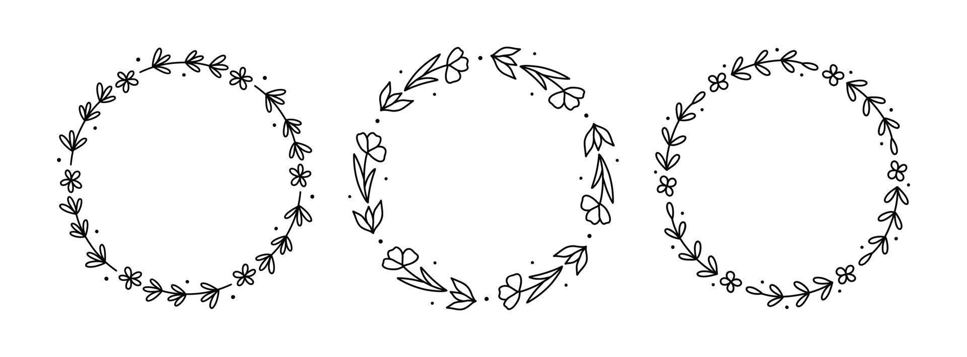 Reihe von Frühlingsblumenkränzen isoliert auf weißem Hintergrund. runde rahmen mit blumen. handgezeichnete Vektorgrafik im Doodle-Stil. Perfekt für Karten, Einladungen, Dekorationen, Logos, verschiedene Designs vektor