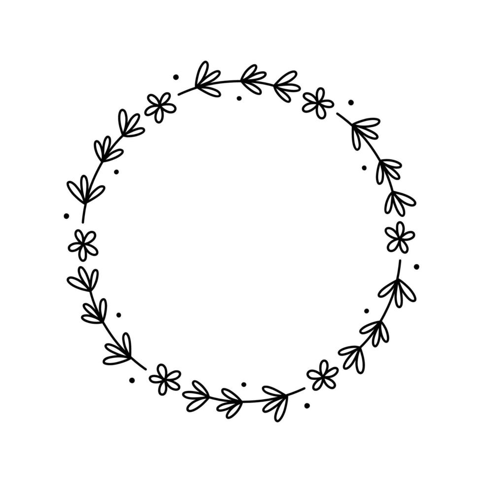 Frühlingsblumenkranz isoliert auf weißem Hintergrund. runder rahmen mit blumen. handgezeichnete Vektorgrafik im Doodle-Stil. Perfekt für Karten, Einladungen, Dekorationen, Logos, verschiedene Designs. vektor
