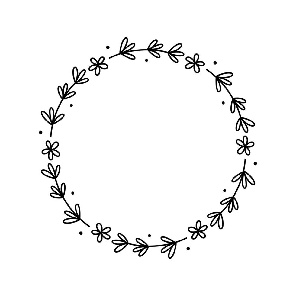 våren blommig krans isolerad på vit bakgrund. rund ram med blommor. vektor handritad illustration i doodle stil. perfekt för kort, inbjudningar, dekorationer, logotyper, olika mönster.