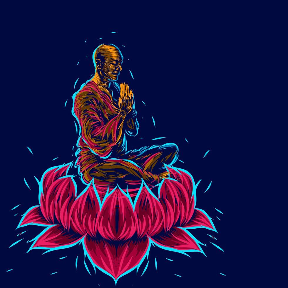 shaolin munk meditation på lotusblomma linje popkonst poträtt färgglad design med mörk bakgrund. vektor