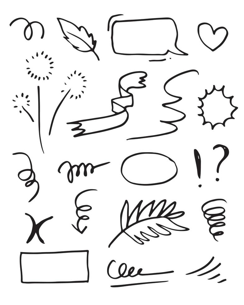 löv, hjärtan, abstrakt, band, pilar och andra element i handritade stilar för konceptdesign. doodle illustration. vektor mall för dekoration