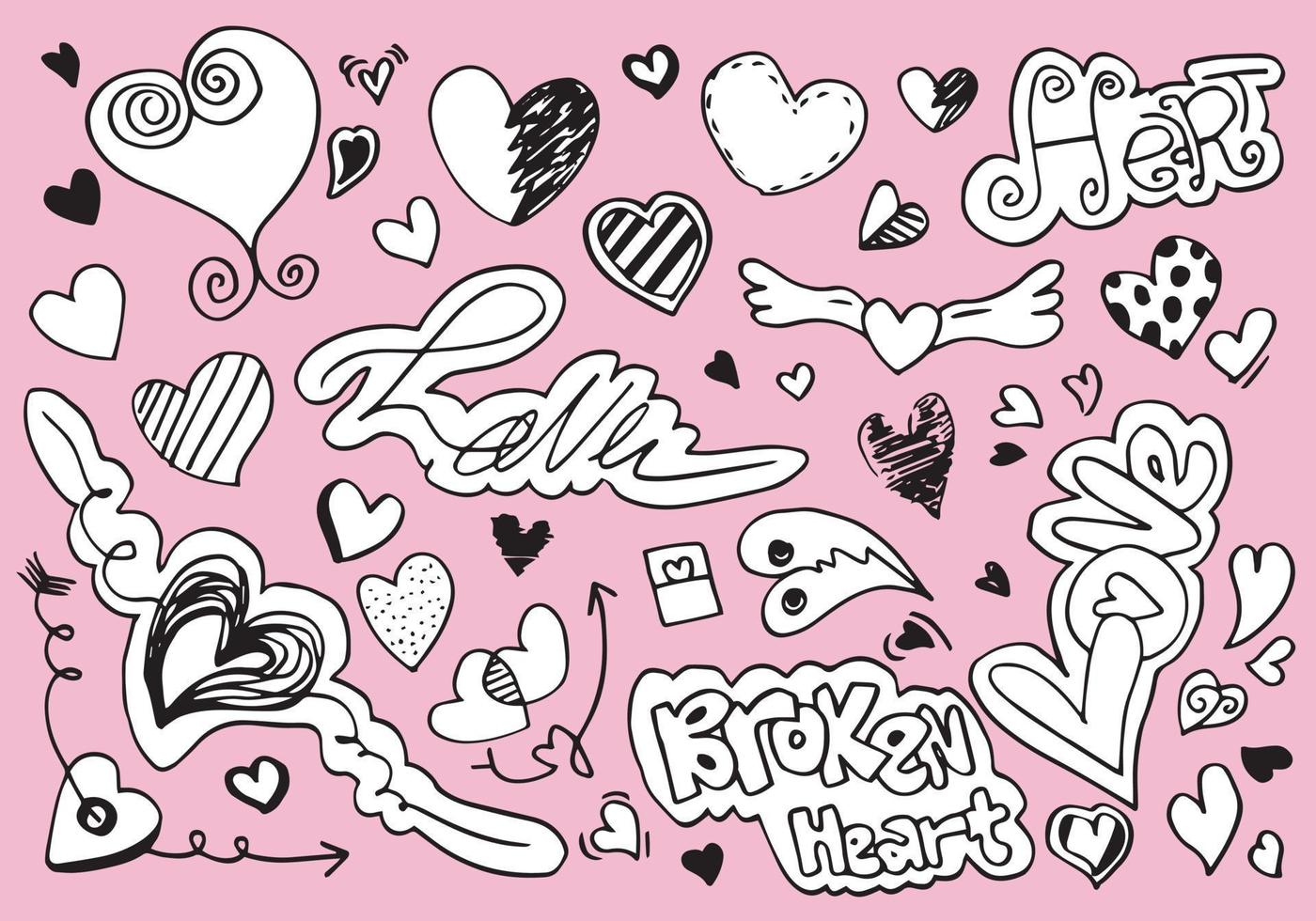 handritade doodles för alla hjärtans dag. samling av vackra hjärtan och skrifter kärlek på rosa bakgrund. vektor illustration.