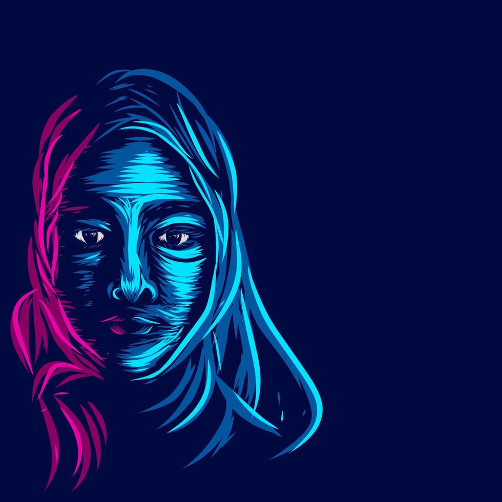 moslemische islamische arabische Frau Linie Pop Art Potrait Logo farbenfrohes Design mit dunklem Hintergrund. isolierter schwarzer Hintergrund für T-Shirt vektor