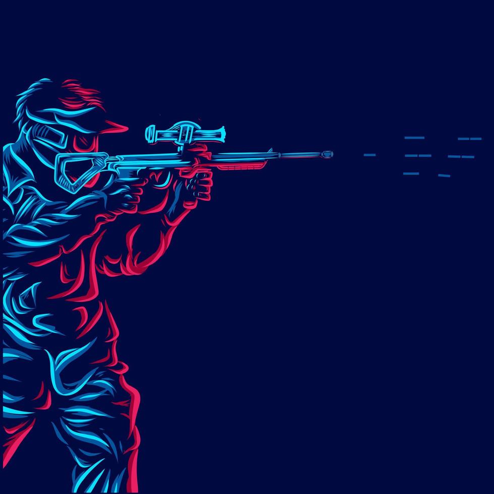 armésoldat spela paintball linje popkonst potrait logotyp färgglad design med mörk bakgrund. abstrakt vektorillustration. vektor