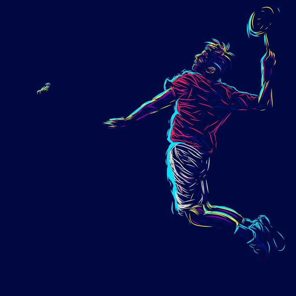 Badminton-Mann-Smash-Shot-Linie Pop-Art-Porträt-Logo. farbenfrohes Design mit dunklem Hintergrund. abstrakte Vektorillustration. isolierter schwarzer Hintergrund für T-Shirt vektor