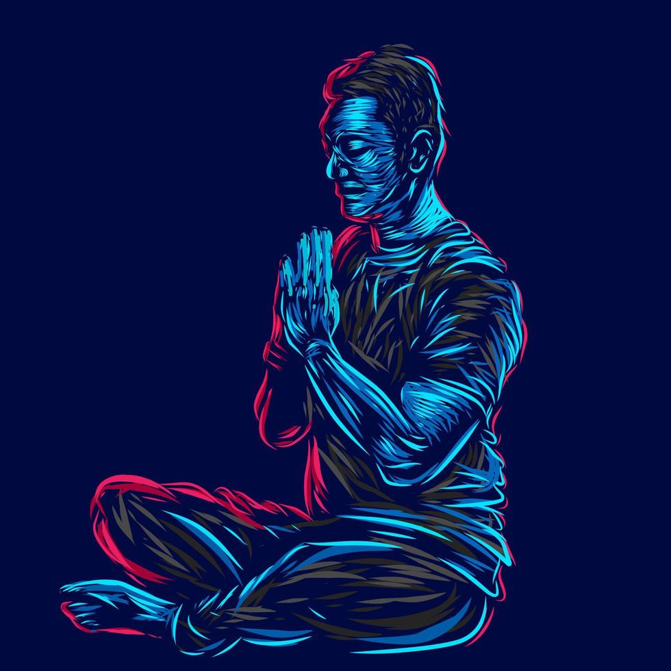 Mann Meditationslinie Pop Art Potrait Logo farbenfrohes Design mit dunklem Hintergrund. abstrakte Vektorillustration. isolierter schwarzer Hintergrund für T-Shirt vektor