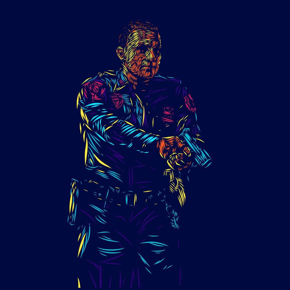 Polizist Linie Pop Art Potrait Logo buntes Design mit dunklem Hintergrund. isolierter schwarzer Hintergrund für T-Shirt vektor