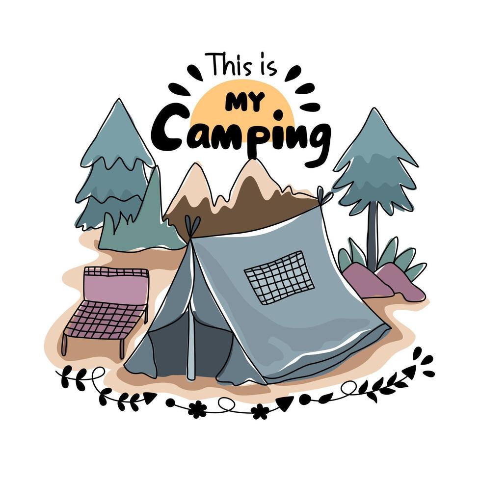 eine inspirierende Sammlung von Camping- und Abenteuerillustrationen. kann an eine Vielzahl von Anwendungen angepasst werden, z. B. T-Shirt-Designs, Kissen, Kleidungsmuster, Leinwanddrucke, Tassen, Aufkleber usw. vektor