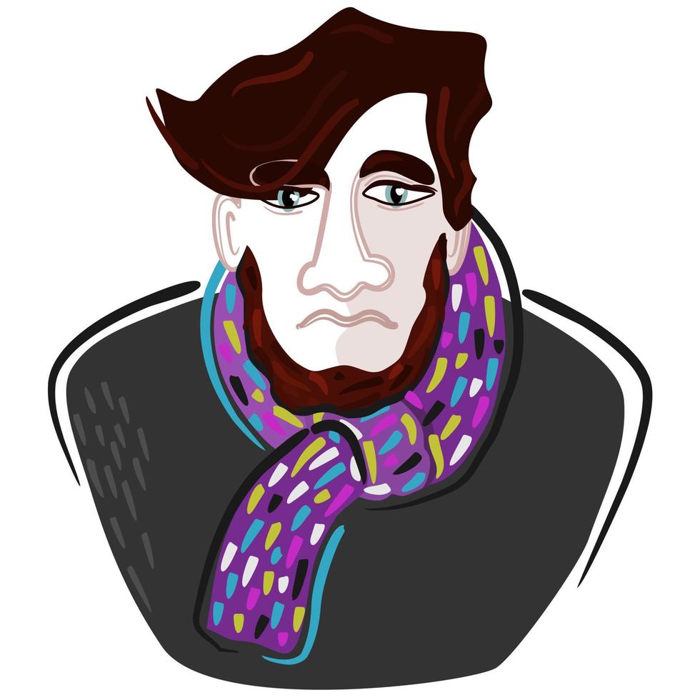 Vektor isoliertes Porträt eines traurigen Mannes mit Bart und hellem Schal.