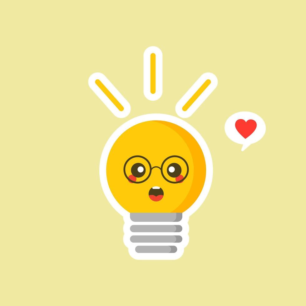 Glühbirne flache Design-Vektor-Illustration. leuchtend gelbe Glühbirne auf farbigem Hintergrund. Emoji-Glühbirne mit lustigen Emotionen. handgezeichnete Vektorillustration. kreatives Konzept der Idee vektor
