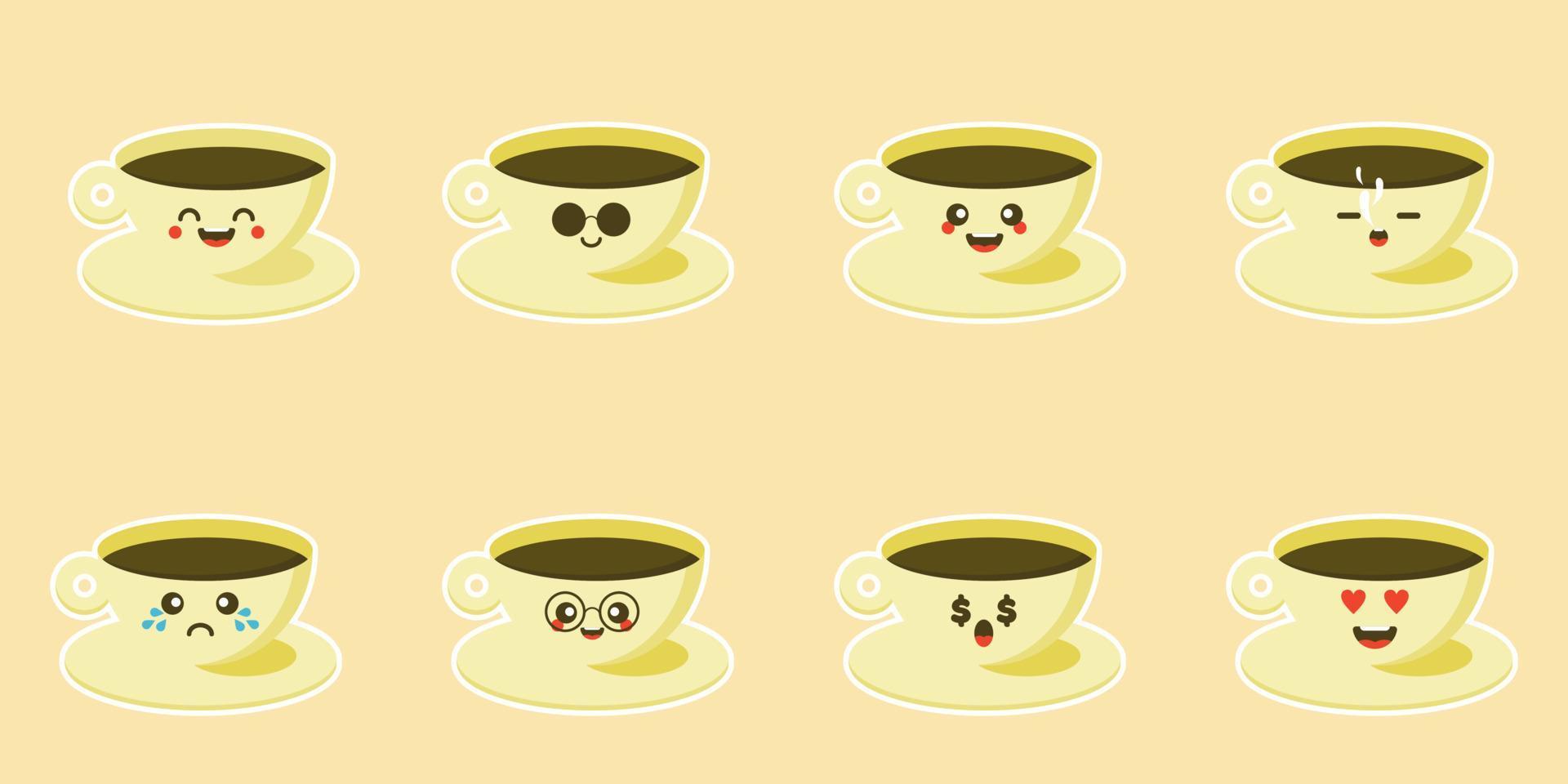 färgade vackra koppar karaktär i platt design med söta tecknade ansikten. varmt kaffe och te. uppsättning av uttryckssymboler för kaffekopp. samling med olika uttryck. platt design.avatarer, kort, klistermärke vektor