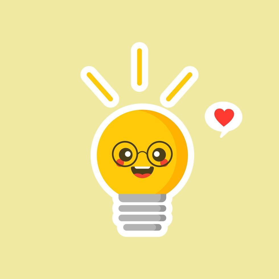 Glühbirne flache Design-Vektor-Illustration. leuchtend gelbe Glühbirne auf farbigem Hintergrund. Emoji-Glühbirne mit lustigen Emotionen. handgezeichnete Vektorillustration. kreatives Konzept der Idee vektor