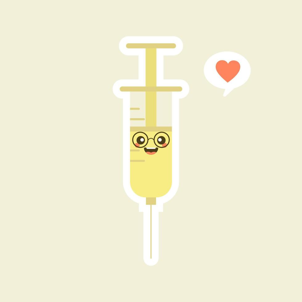 söt och kawaii spruta. vektor platt seriefigur illustration ikon design. spruta, medicinskt vaccin koncept. kan användas för affisch, element, maskot, emoji, uttryckssymbol för virus, corona virus covid-19