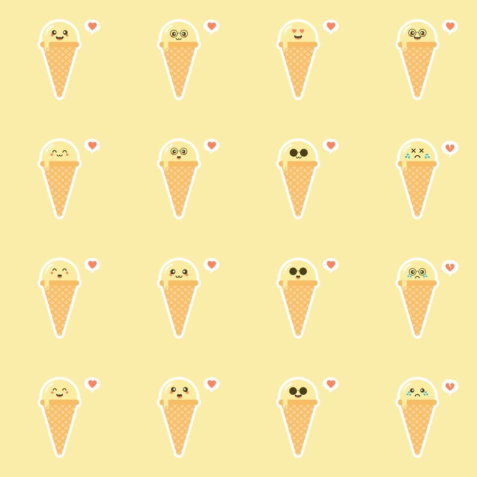 Eis-Food-Konzept. Emoji-Emoticon-Sammlung. zeichentrickfiguren für kinder zum ausmalen, ausmalseiten, t-shirt druck, symbol, logo, etikett, aufnäher, aufkleber. kawaii und niedliches modernes Design vektor