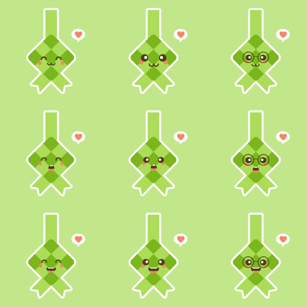 süße und kawaii Reisknödel oder Ketupat-Symbol im flachen Design isoliert auf grünem Hintergrund. eid mubarak-vektorillustration. vektor
