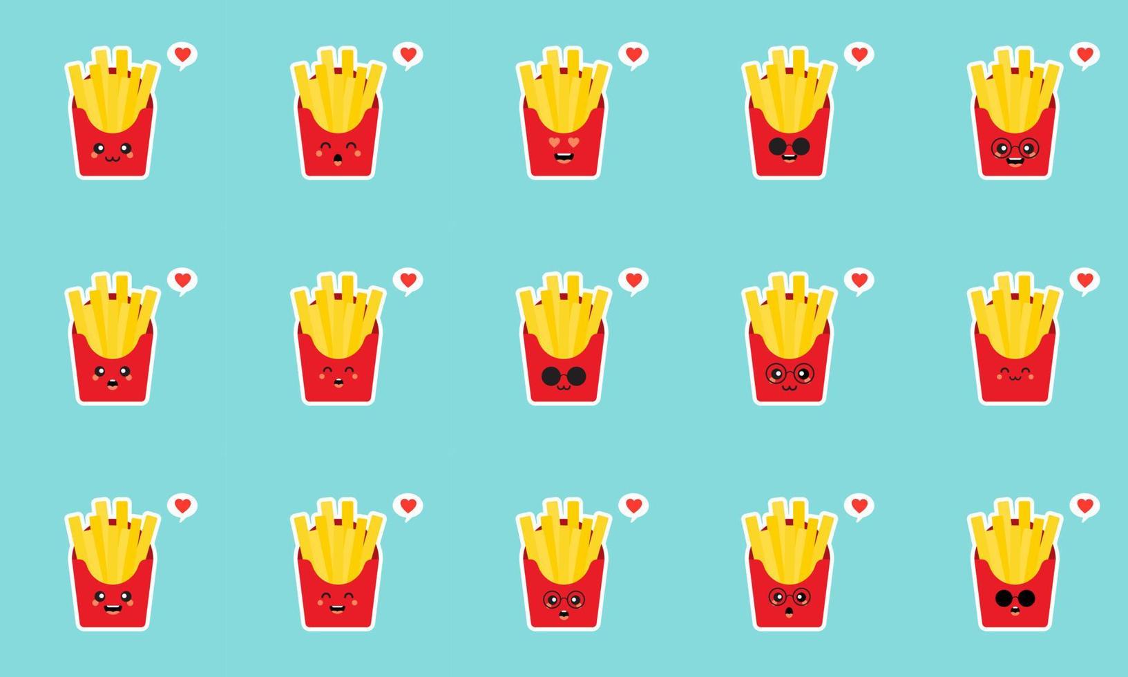 kawaii pommes frites zeichen emoji set. lustige Cartoon-Emoticons. Cartoon-Stil-Vektor-Illustration auf blauem Hintergrund mit Platz für Text. lustiger lachender charakter mit augen, herz und einem lächeln vektor