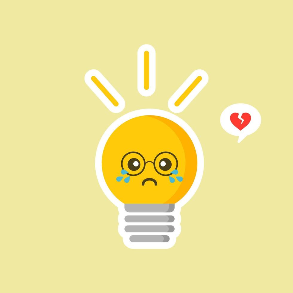 Glühbirne flache Design-Vektor-Illustration. leuchtend gelbe Glühbirne auf farbigem Hintergrund. Emoji-Glühbirne mit lustigen Emotionen. handgezeichnete Vektorillustration. kreatives Konzept der Idee vektor