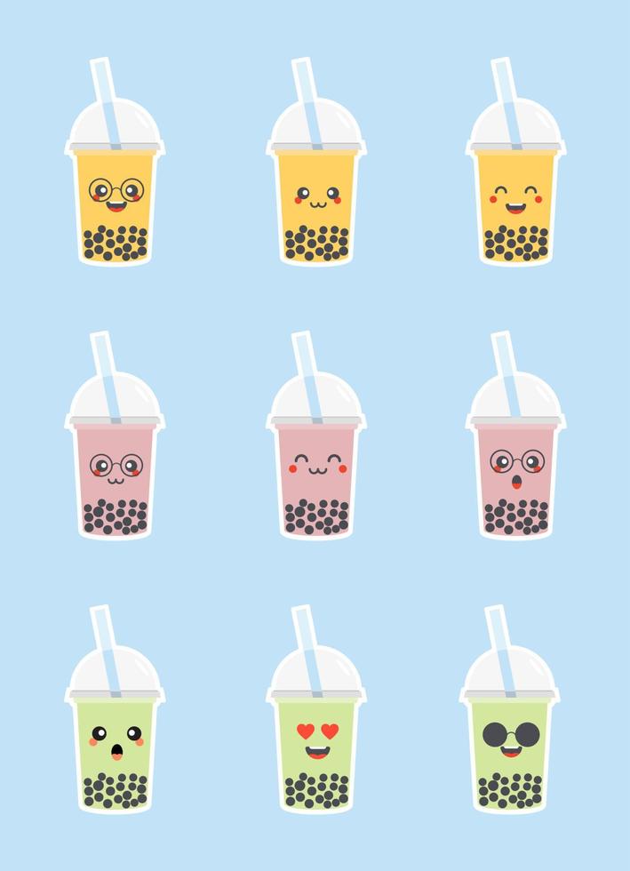kawaii söt emoji klistermärke uppsättning av karaktär tecknad bubbla mjölkte vektor
