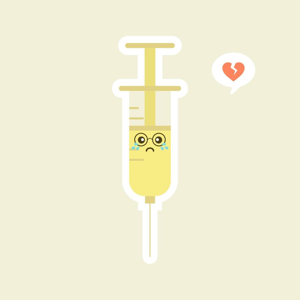 söt och kawaii spruta. vektor platt seriefigur illustration ikon design. spruta, medicinskt vaccin koncept. kan användas för affisch, element, maskot, emoji, uttryckssymbol för virus, corona virus covid-19