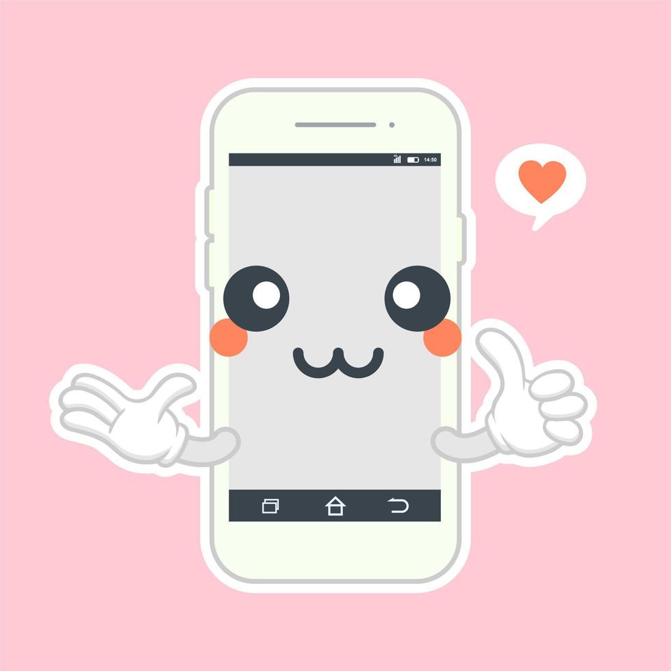 flaches Design des netten und kawaii Smartphones, Handyzeichentrickfilm-figur. vektor, flache linie, karikatur, kawaii, zeichen, abbildung, symbol. callphone, smartphone mit charaktergesichts-app-konzept vektor