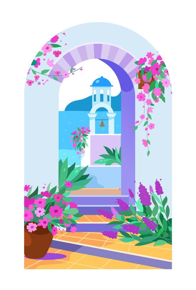 ön santorini, Grekland. vacker traditionell vit arkitektur och grekisk-ortodoxa kyrkor med blå kupoler och blommor. resor och rekreation. vektor illustration