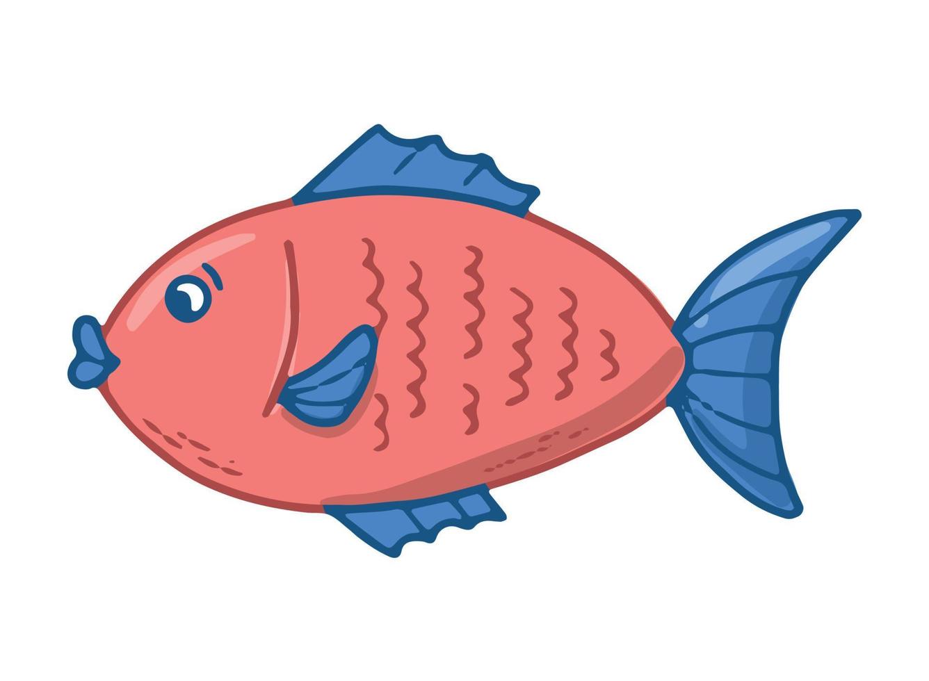 söt handritad röd fisk med blå svans isolerad på vit bakgrund. bra för barnkammare, affischer, kort, klistermärken, inredning för barnkläder, sublimering, etc. sea life doodle, clipart. eps 10 vektor