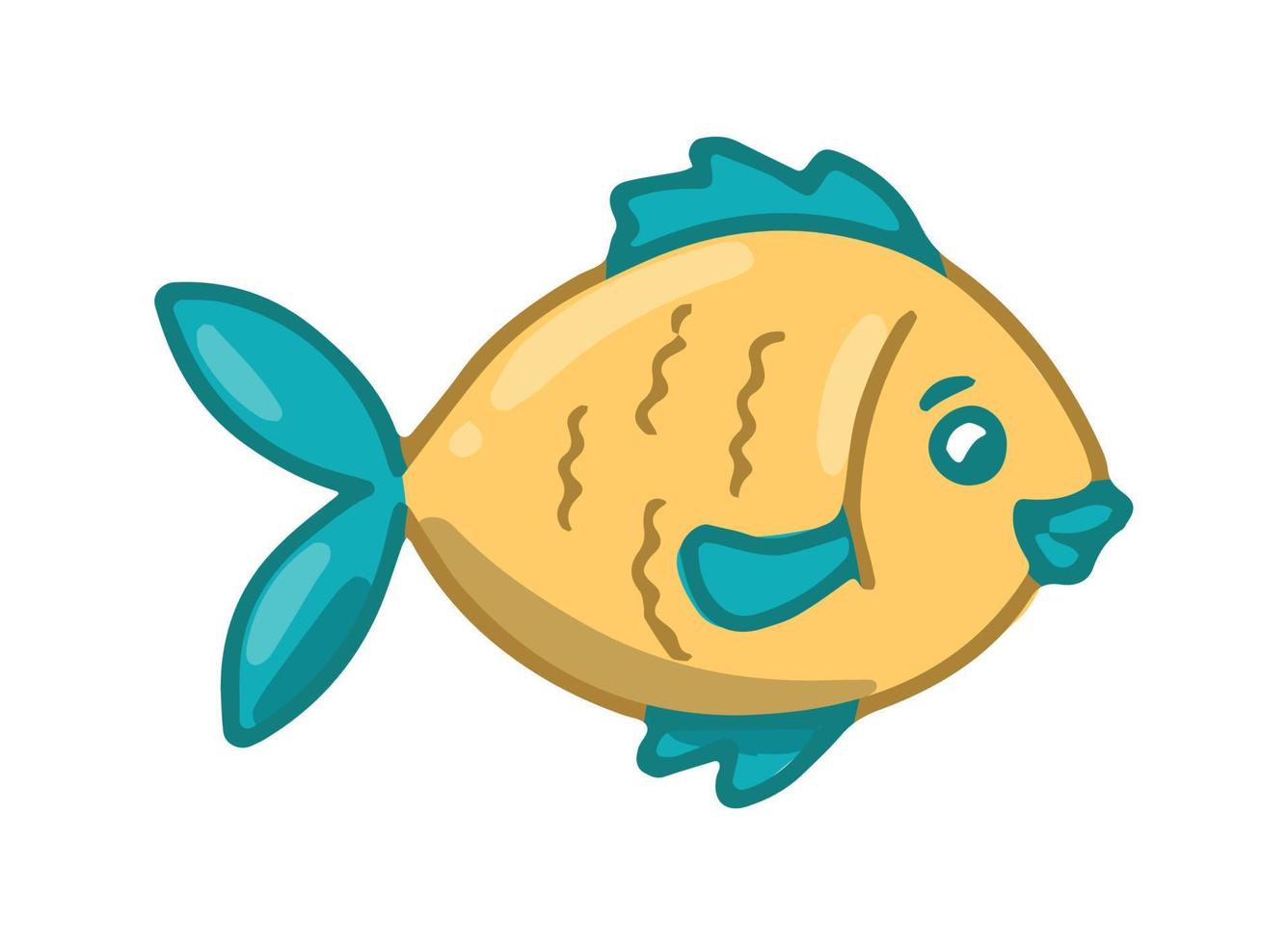 söt handritad leende fisk isolerad på vit bakgrund. bra för affischer, tryck, kort, klistermärken, dagisinredning, barnkläder, sublimering. sea life doodle, clipart. eps 10 vektor