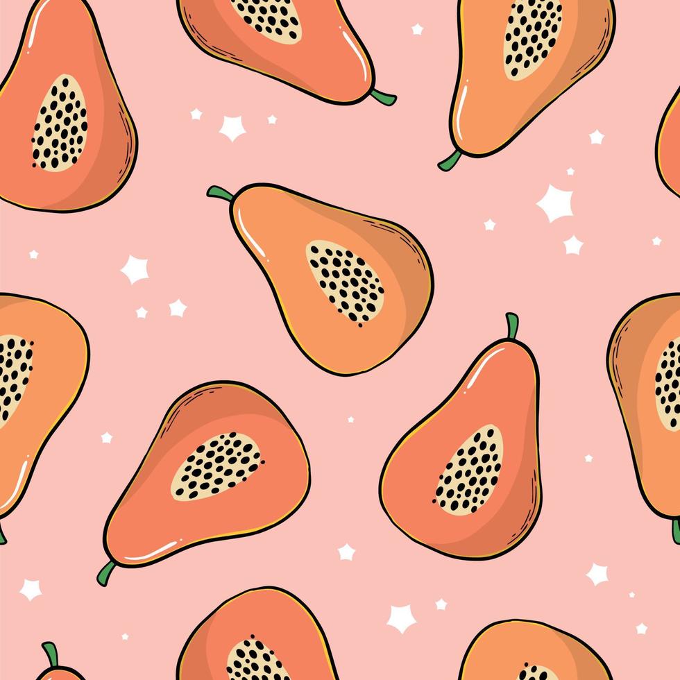 Papaya Musterdesign. Funky 90er nahtloser Druck mit handgezeichneten Papayas auf rosa Hintergrund. Textildruck, Tapeten, Geschenkpapier, Scrapbooking, Schreibwaren, Verpackungen usw. eps 10 vektor