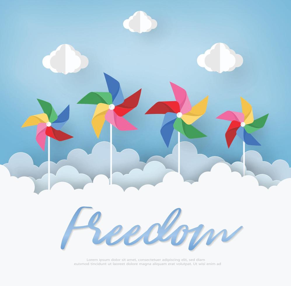 Papierkunstdesign mit Wolke und Windrad auf hellblauem Hintergrund. das konzept ist freiheit oder positives denken, vektorgestaltungselementillustration vektor