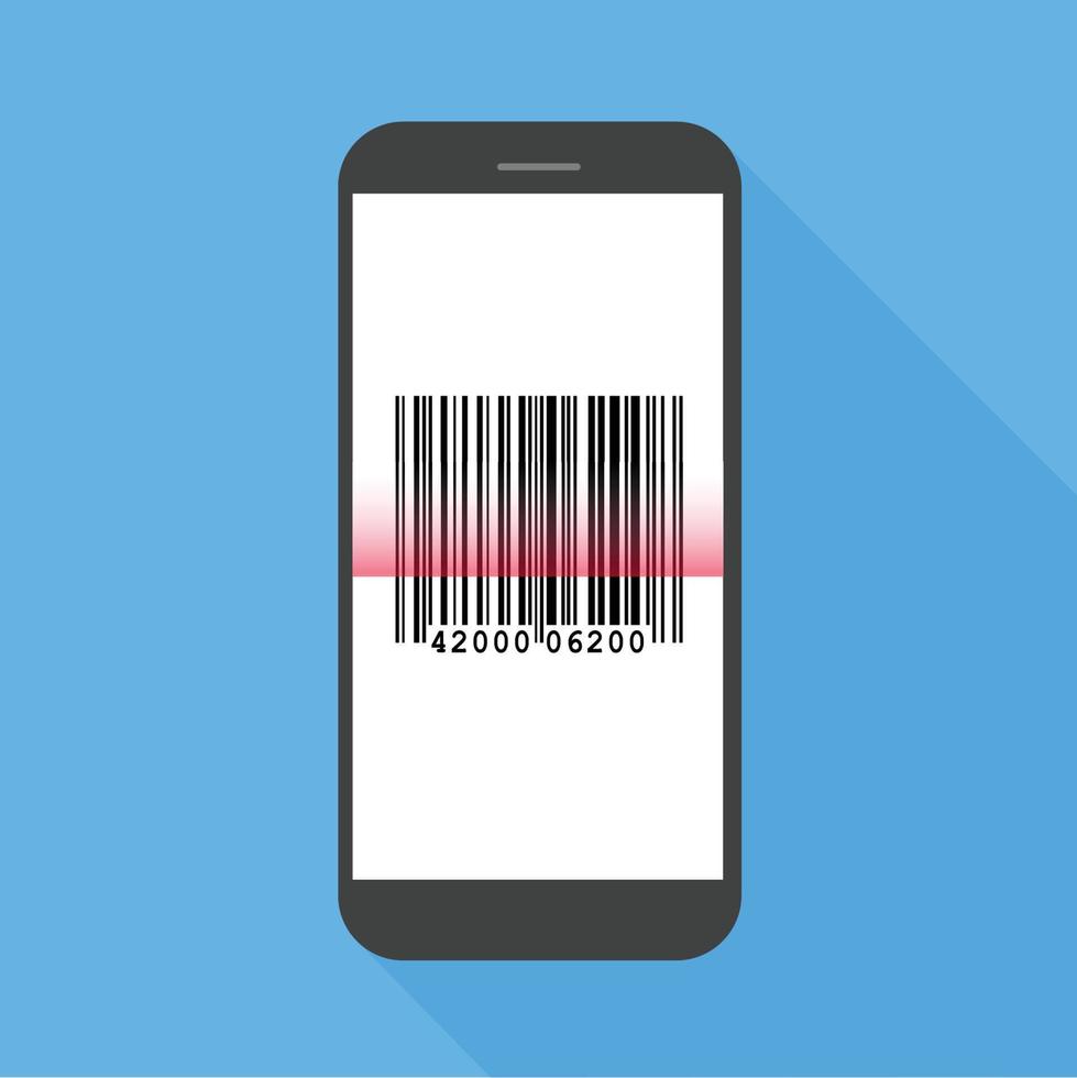 Flash-Design mit langem Schatten das Smartphone mit Barcode auf dem Bildschirm. Das Konzept ist ein Barcode-Scan auf dem Smartphone, Vektor-Design-Element-Illustration vektor